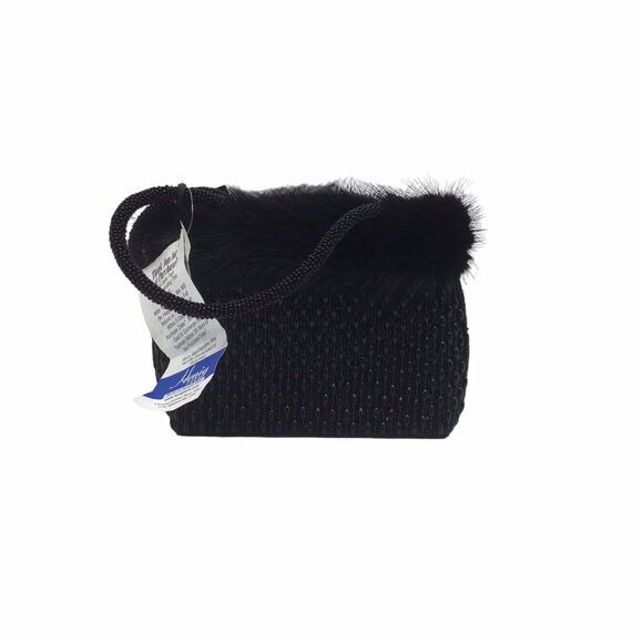 Mitchie’s Black Beaded Evening Bag Faux Fur Trim Top Handle Purse NWT Vintage - Picture 3 of 16